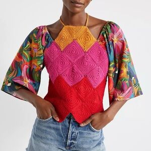 FARM Rio Multicolor Floral Tropical  Crochet Blouse Top - M